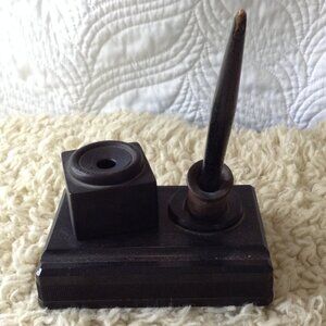 ANTIQUE/VTG Inkwell with Quill Pen, Holder. Art Deco; Black Bakelite, Nostalgic